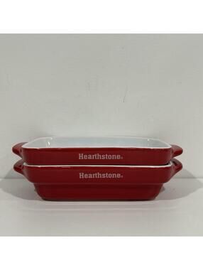 2 Mini Ceramic Bakeware Dishes Rectangle Stoneware White Red Serving Hearthstone